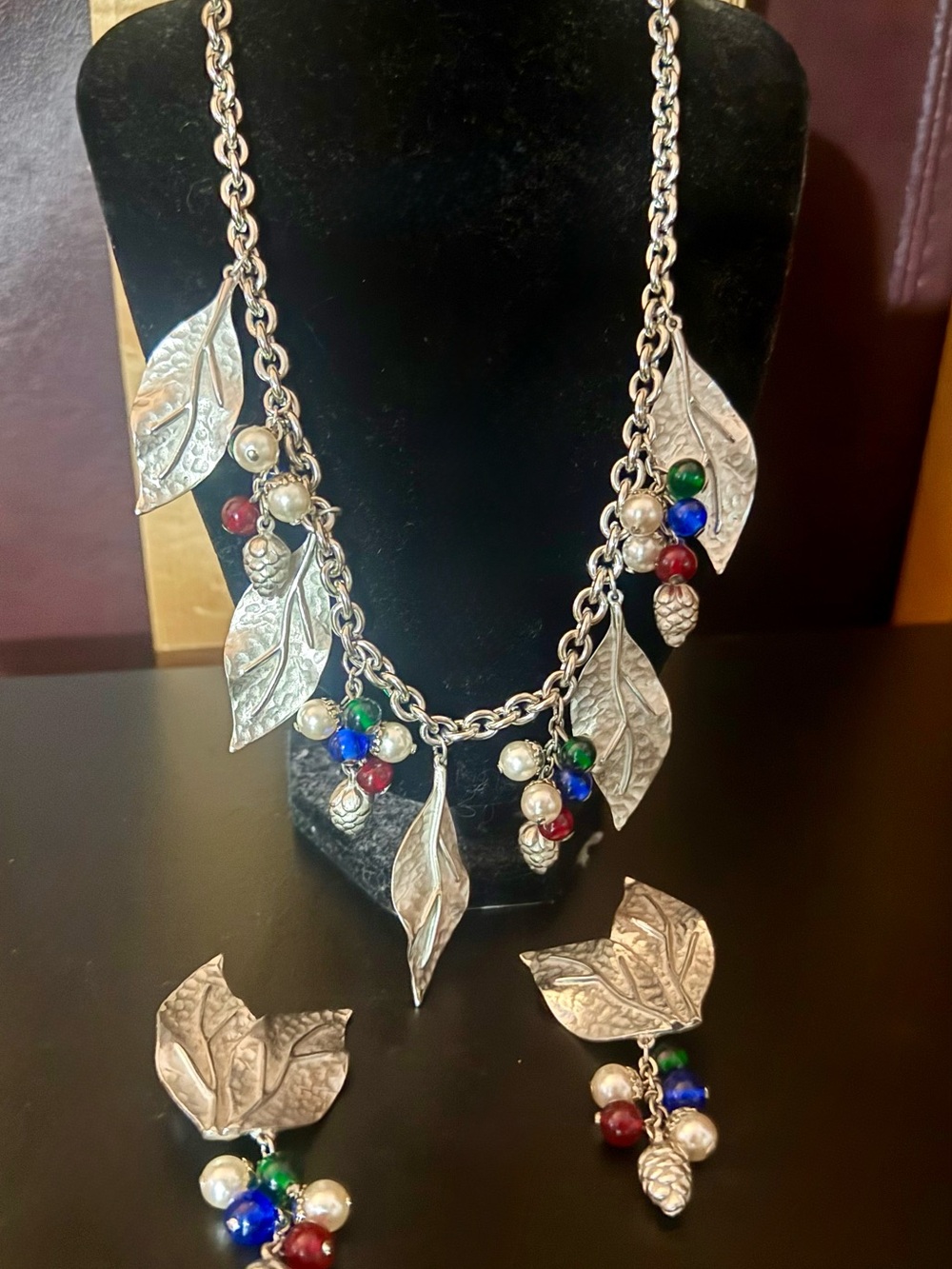 Vintage Mid-Century Silver Leaf Berry Cluster Charm Necklace & Earrings Set